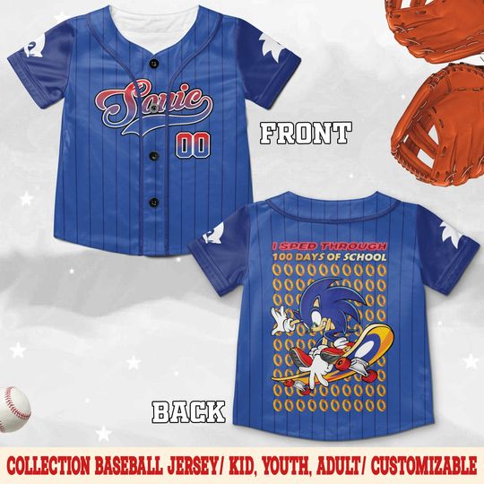 Discover 101 Days of School Sonic Baseball Jersey, Sonic the Hedgehog Matching Group Jersey, Kids School Celebration Outfit JCUR05-2