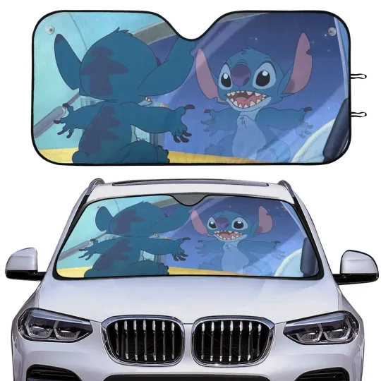 Discover Cute Stitch Mirror Hug Car Sun Shade Front Windshield Cover Funny Cartoon Gift