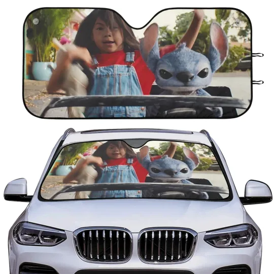 Discover Cute Stitch Driving with Girl Car Sun Shade Front Windshield Cover Funny Cartoon