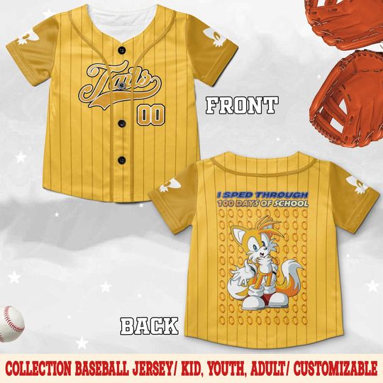 Discover 100 Days of School Tails Baseball Jersey, Sonic the Hedgehog Matching Group Jersey, Kids School Celebration Outfit JCUR05-1