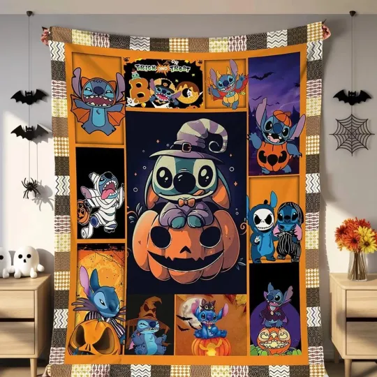 Discover Cute Stitch Pumpkin Happy Halloween Trick Or Treat Spooky Season Fleece Blanket