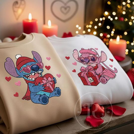 Discover EMBROIDERED Stitch Angel Valentine Sweatshirt, Disney Couple Valentine Sweater, Lilo & Stitch Valentine Crewneck, Matching Disney Outfit