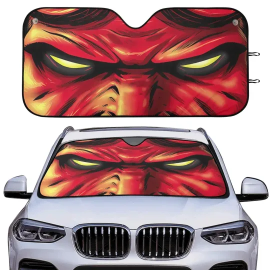 Discover Red Demon Angry Face Car Sun Shade Front Windshield Cover Funny Driving Gift