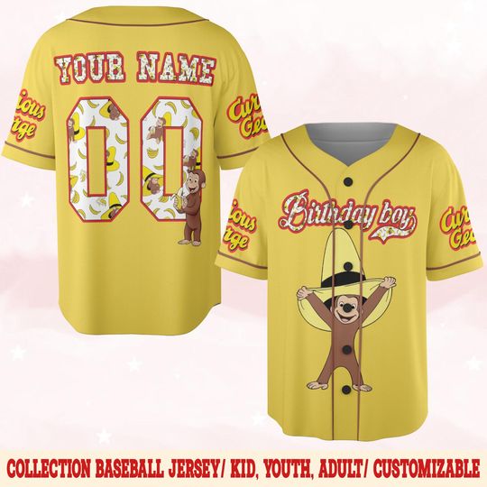 Custom Curious George Birthday Baseball Jersey, Curious George Baseball Shirt, Curious George Cartoon Jersey, Kids Baseball Jersey