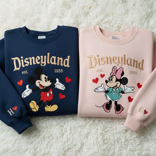 Discover Disney Couple Embroidered Sweatshirts, Magical Land Valentine Embroidered Sweatshirt, Mickey Mouse and Minnie Girlfriend Embroidered Sweater