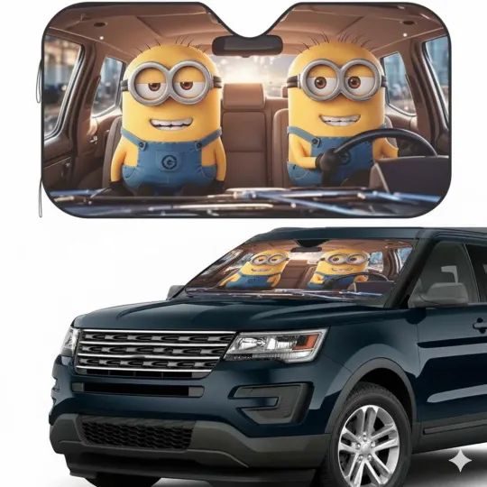Discover Minions Car Windshield Sun Shade, Funny Cartoon UV Blocker, Universal Fit