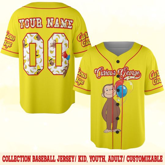 Curious George Birthday Baseball Jersey, Custom Monkey Party Shirt for Boys, Curious George Jersey for Kids, Youth Birthday Outfit