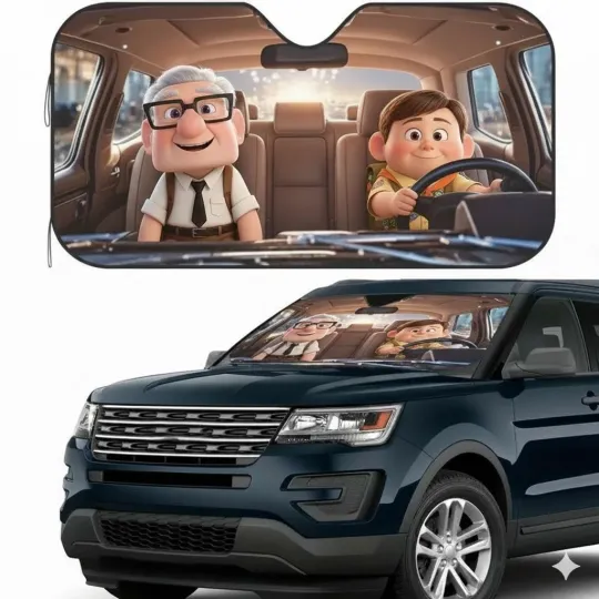 Discover Up Movie Car Sun Shade Windshield Cover, Carl & Russell Cute Cartoon Design