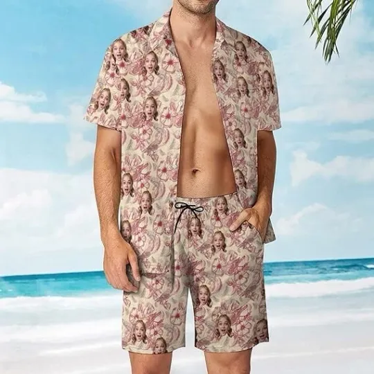 Discover Personalized Valentine Hawaiian Shirt Short Set, Custom Romantic Face Short Set