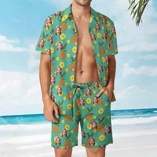 Discover Personalized Hawaiian Shirt Short Set,Pineapple Custom Face for Valentine’s Day