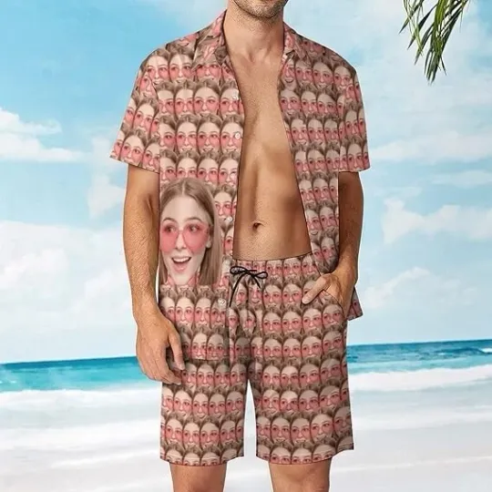 Discover Personalized Hawaiian Shirt Short Set, Custom Valentine’s Face Pattern Gift