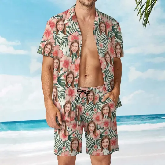 Discover Custom Tropical Valentine Hawaiian Shirt Short Set, Floral Face Photo Design
