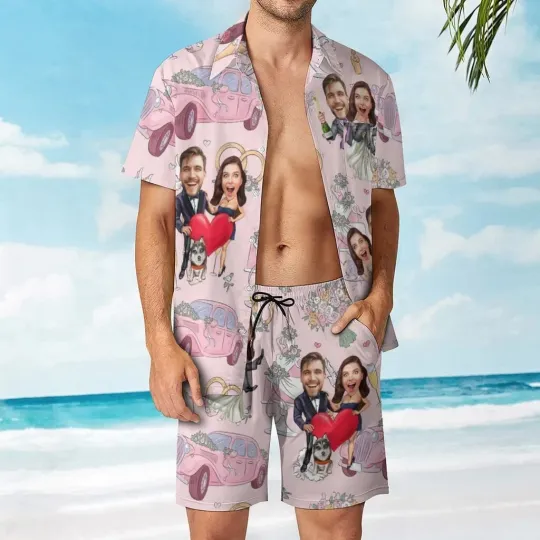 Discover Custom Couple Hawaiian Shirt Short Set, Valentine's Day Custom Faces Beachwear