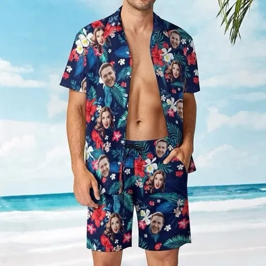 Discover Personalized Valentine's Hawaiian Shirt Short Set,Custom Faces Couples Short Set