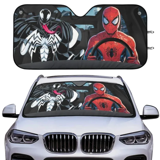 Discover Spider-Man & Venom Driving Car Windshield Sun Shade Superhero Auto Cover