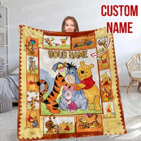 Discover Personalized Family Winnie The Pooh Blanket, Custom Name Disney Fleece Blanket