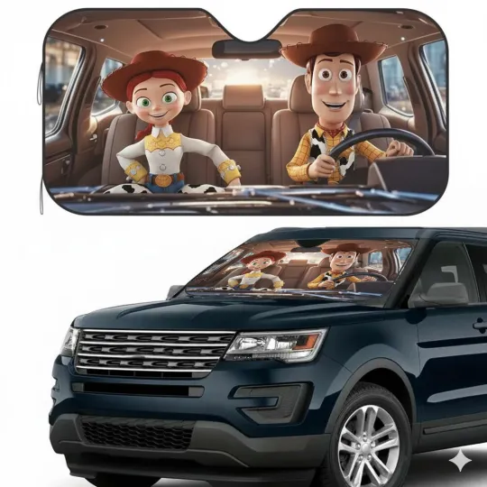Discover Woody & Jessie Car Windshield Sun Shade, Toy Story Cartoon UV Heat Protector
