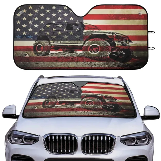 Discover American Flag Jeep Windshield Sun Shade, Off-Road Truck Patriotic Car Cover