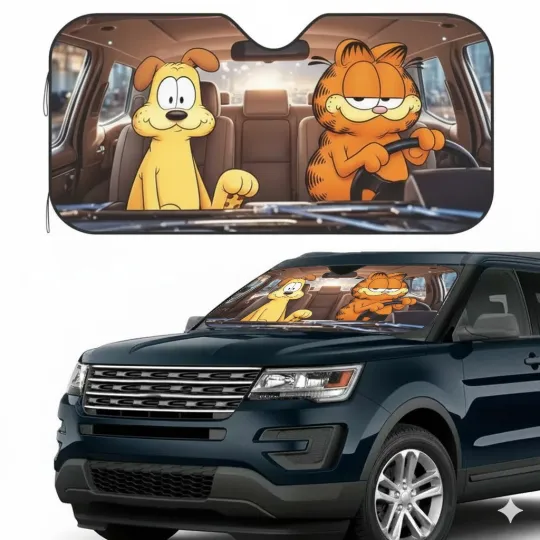 Discover Garfield & Odie Car Windshield Sun Shade, Funny Cartoon UV Heat Protector