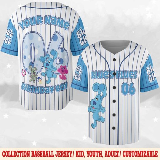 Discover Personalized Blue Clues Baseball Jersey, Blue Dog Lovers Birthday Girl Jersey, Baby Shower Gift, Birthday Boy Gift, Blue Clues