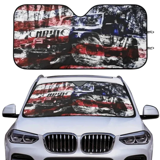 Discover American Flag Jeep Off-Road Windshield Sun Shade, Patriotic Truck Car Cover