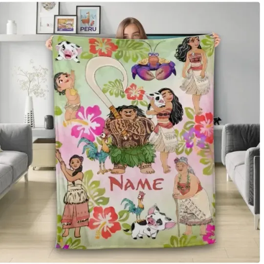 Discover Personalized Watercolor Moana Fleece Blanket, Custom Name Moana Blanket