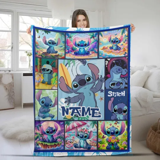 Discover Custom Disney Stitch Fleece Bed Blanket Gift For Friends