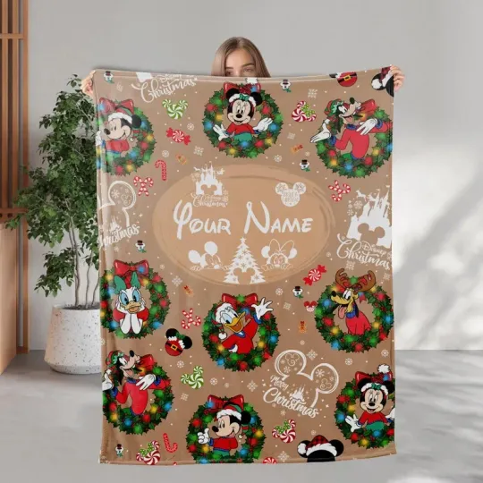 Discover Personalized Disney Mickey & Friends Wreath Christmas Brown Cozy Fleece Blanket