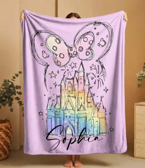 Discover Disney Castle Baby Pastel Minnie Bow Soft Pink Customize Name Fleece Blanket