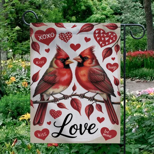 Discover Red Cardinal Couple Garden Flag Valentine's Day Love Heart Outdoor Yard Decor