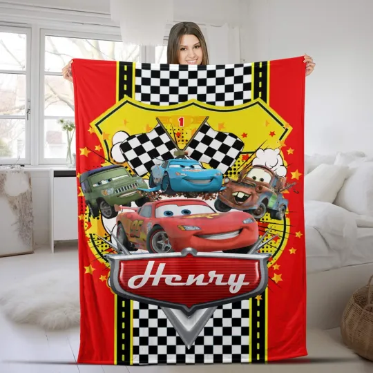 Discover Personalized Disney Cars Plush Fleece Blanket, Custom Name Pixar Cars Blanket