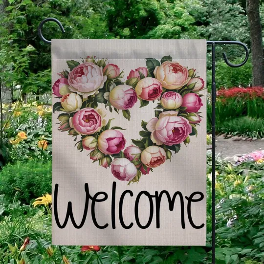 Discover Welcome Valentine's Day Garden Flag Floral Rose Heart Pink White Yard Decor