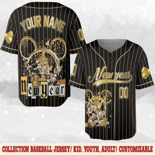 Discover Personalized Disney Mickey & Friends Castle New Year 2026 Baseball Jersey, Custom Happy New Year Jerseys, Family Disneyland Trip