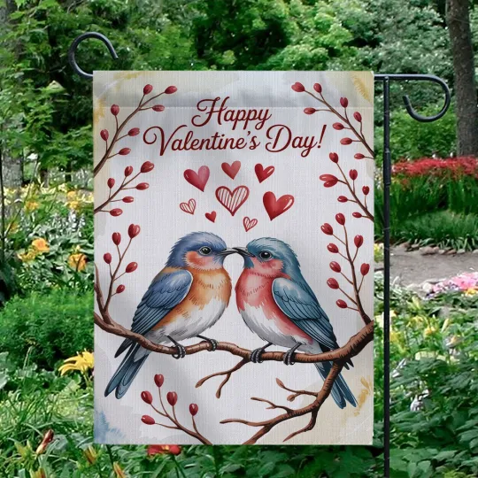 Discover Happy Valentine's Day Garden Flag Bluebirds Couple Hearts Yard Decor Outdoor
