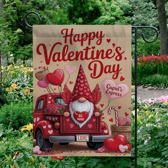 Discover Happy Valentine's Day Garden Flag Gnome Red Truck Cupid's Express Yard Decor