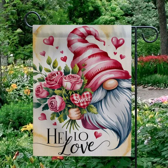 Discover Hello Love Valentine's Day Garden Flag Gnome Pink Rose Bouquet Yard Decor Banner