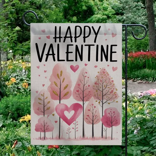 Discover Happy Valentine Garden Flag Pink Heart Trees Love Outdoor Yard Decor Banner
