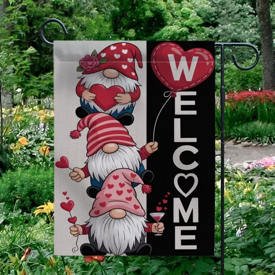 Discover Welcome Valentine's Day Garden Flag Stacked Gnomes Pink Hearts Yard Decor Banner