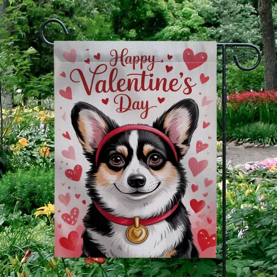 Discover Happy Valentine's Day Garden Flag Cute Corgi Dog Hearts Pet Lover Yard Decor