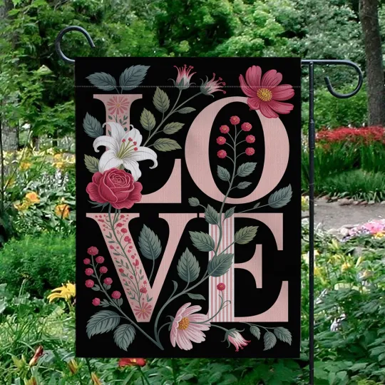 Discover LOVE Floral Garden Flag Valentine's Day Flowers Black Background Yard Decor
