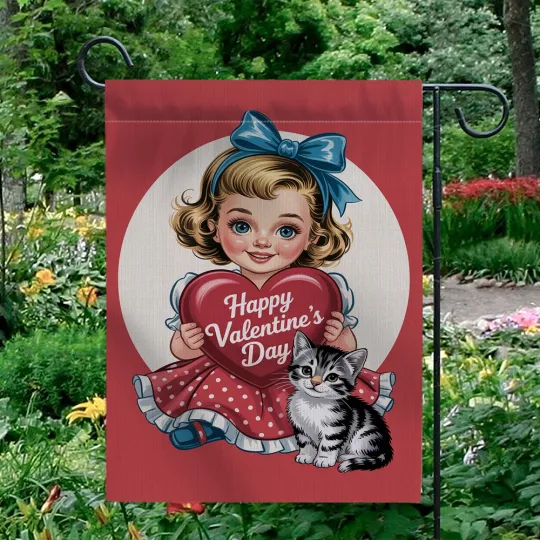Discover Happy Valentine's Day Garden Flag Vintage Girl Kitten Heart Outdoor Yard Decor