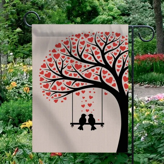 Discover Valentine's Day Garden Flag Tree of Love Birds Heart Leaves Outdoor Yard Decor