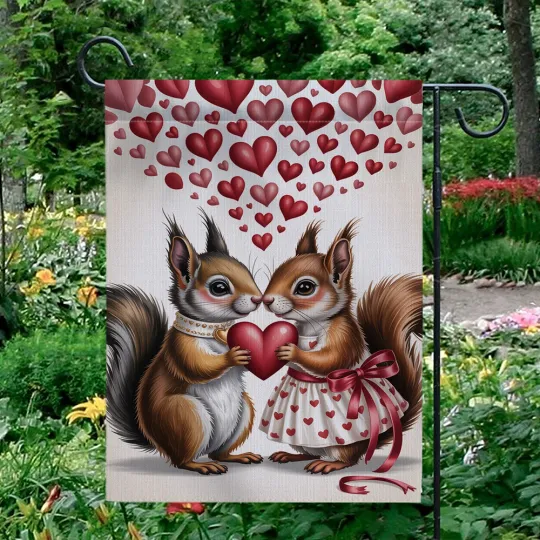 Discover Happy Valentine's Day Garden Flag Cute Squirrel Couple Hearts Outdoor Yard Decor
