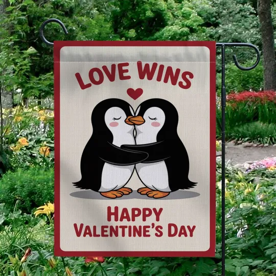 Discover Love Wins Garden Flag Happy Valentine's Day Penguins Couple Yard Decor Outdoor