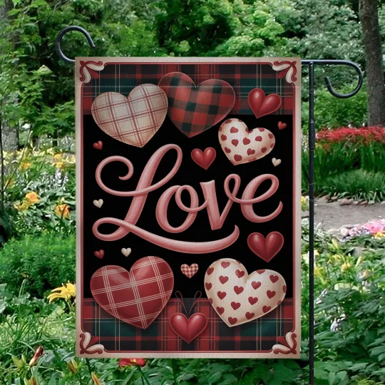 Discover Love Valentine's Day Garden Flag Buffalo Plaid Hearts Black Rustic Yard Decor