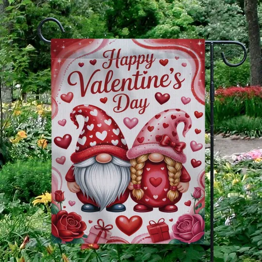 Discover Happy Valentine's Day Garden Flag Couple Gnomes Hearts Roses Yard Decor Outdoor