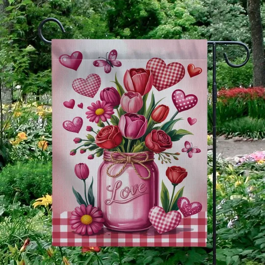 Discover Happy Valentine's Day Garden Flag Mason Jar Pink Tulips Roses Floral Yard Decor