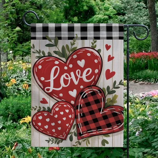 Discover Love Valentine's Day Garden Flag Buffalo Plaid Red Hearts Farmhouse Yard Decor