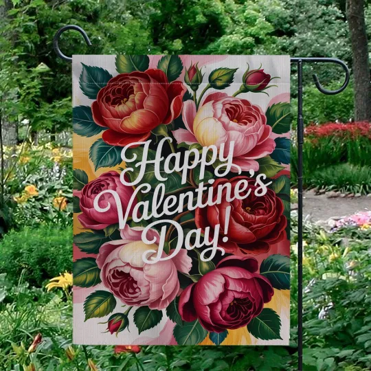 Happy Valentine's Day Garden Flag Red Pink Roses Peony Outdoor Yard Decor Banner