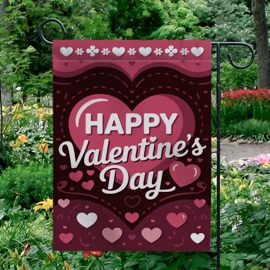 Happy Valentine's Day Garden Flag Layered Hearts Maroon Pink Yard Decor Banner